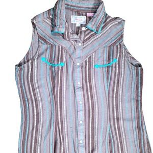 Panhandle Western Sleeveless Top Brown Blue Striped L Womenswear
